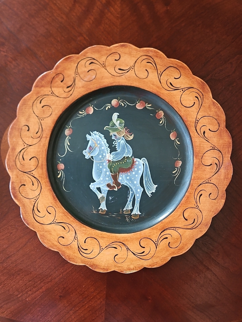 VTG 1983 Hand-Painted Folk Art Wooden Charger Plate Signed 'KR 83'